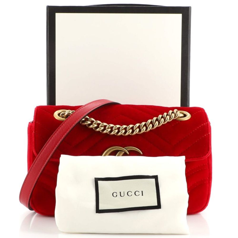 Gucci GG Marmont Flap Bag Matelasse Velvet Mini Red - Picture 2 of 7